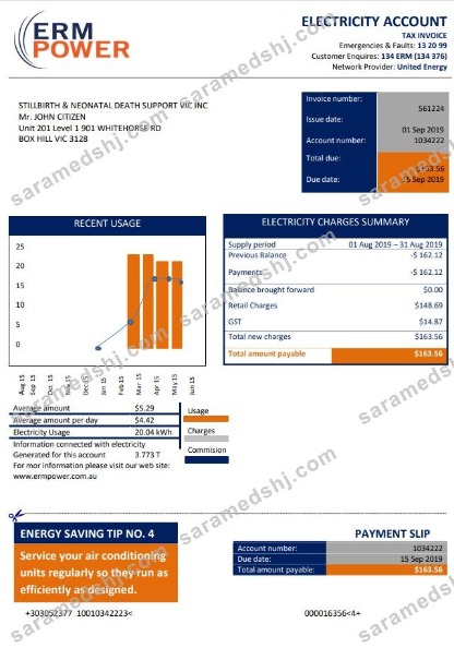 Australia ERM Power electricity proof of address utility bill